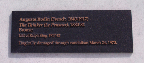 Plaque on The Thinker statue by Rodin in Cleveland