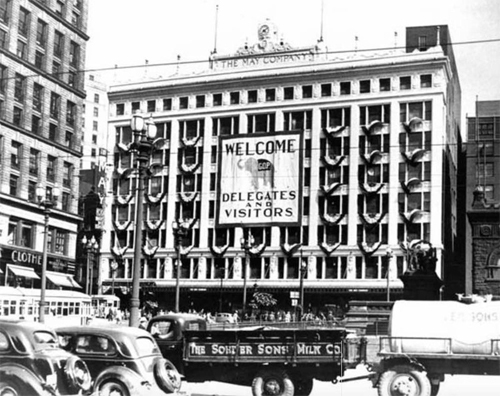A banner on the front of May Co. department store on Public Square welcomes visitors to the 1936 Republican National Convention in Cleveland.