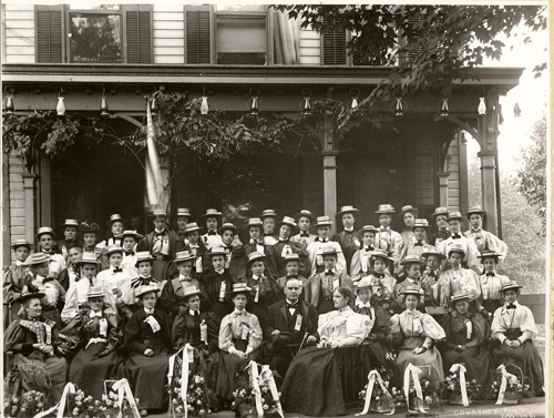 William and Ida McKinley (to her husband's left) pose with members of the "Flower Delegation" from Oil City, Pennsylvania, before the McKinley home. Although women could not vote in most states, they might influence male relatives and were encouraged to visit Canton.